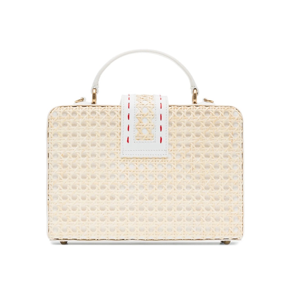 Mehry Mu Fey Large Leather Rattan Straw Box Bag w/ Long Shoulder Crossbody Strap - Picture 3 of 16
